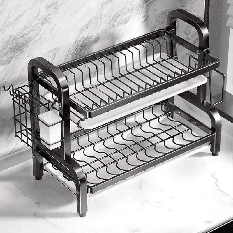 Compact 2-Tier Dish Drying Rack with Drainboard