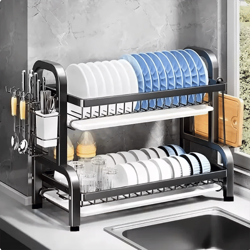 Compact 2-Tier Dish Drying Rack with Drainboard