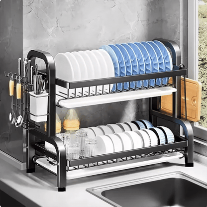 Compact 2-Tier Dish Drying Rack with Drainboard