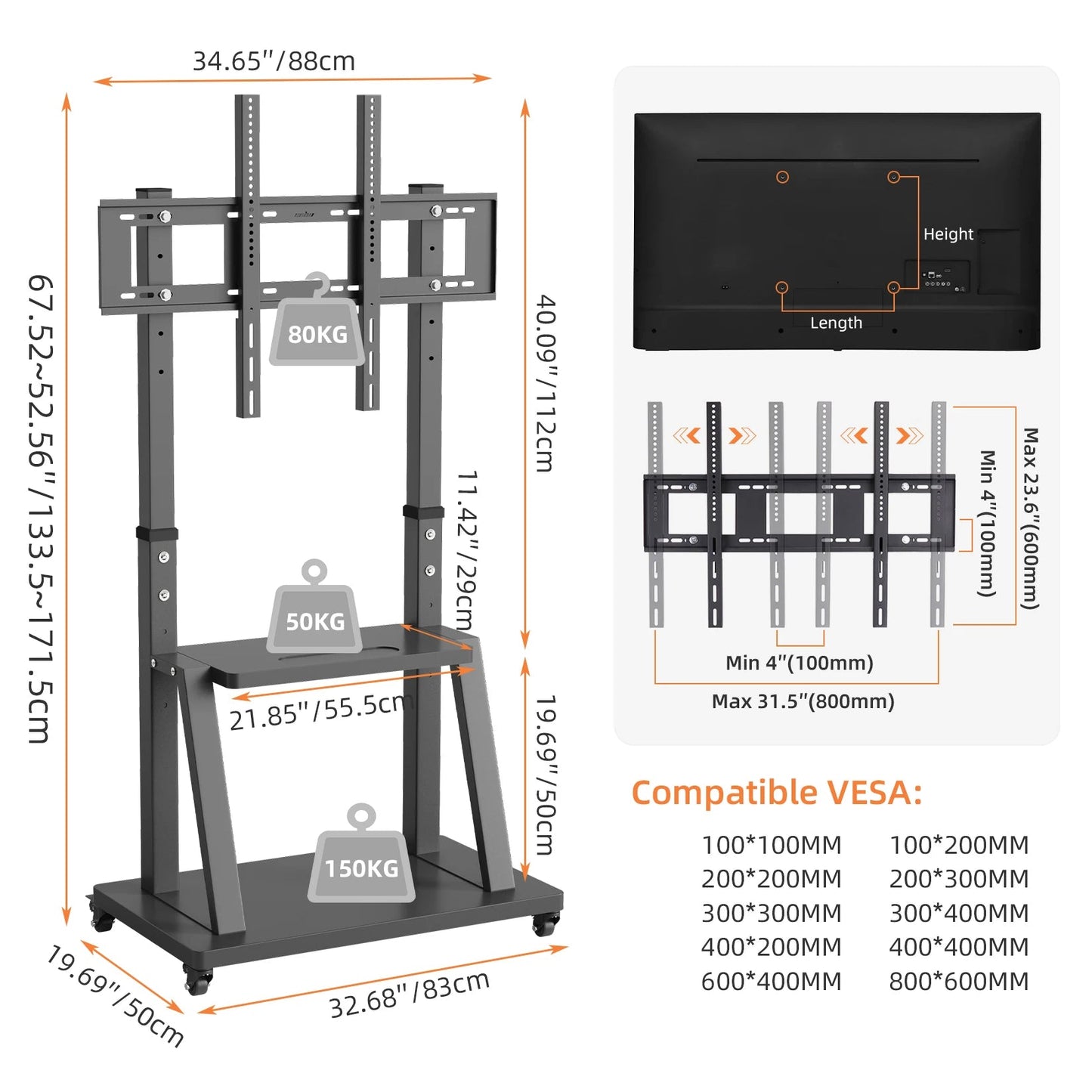 Adjustable Heavy Duty Mobile TV Cart Stand