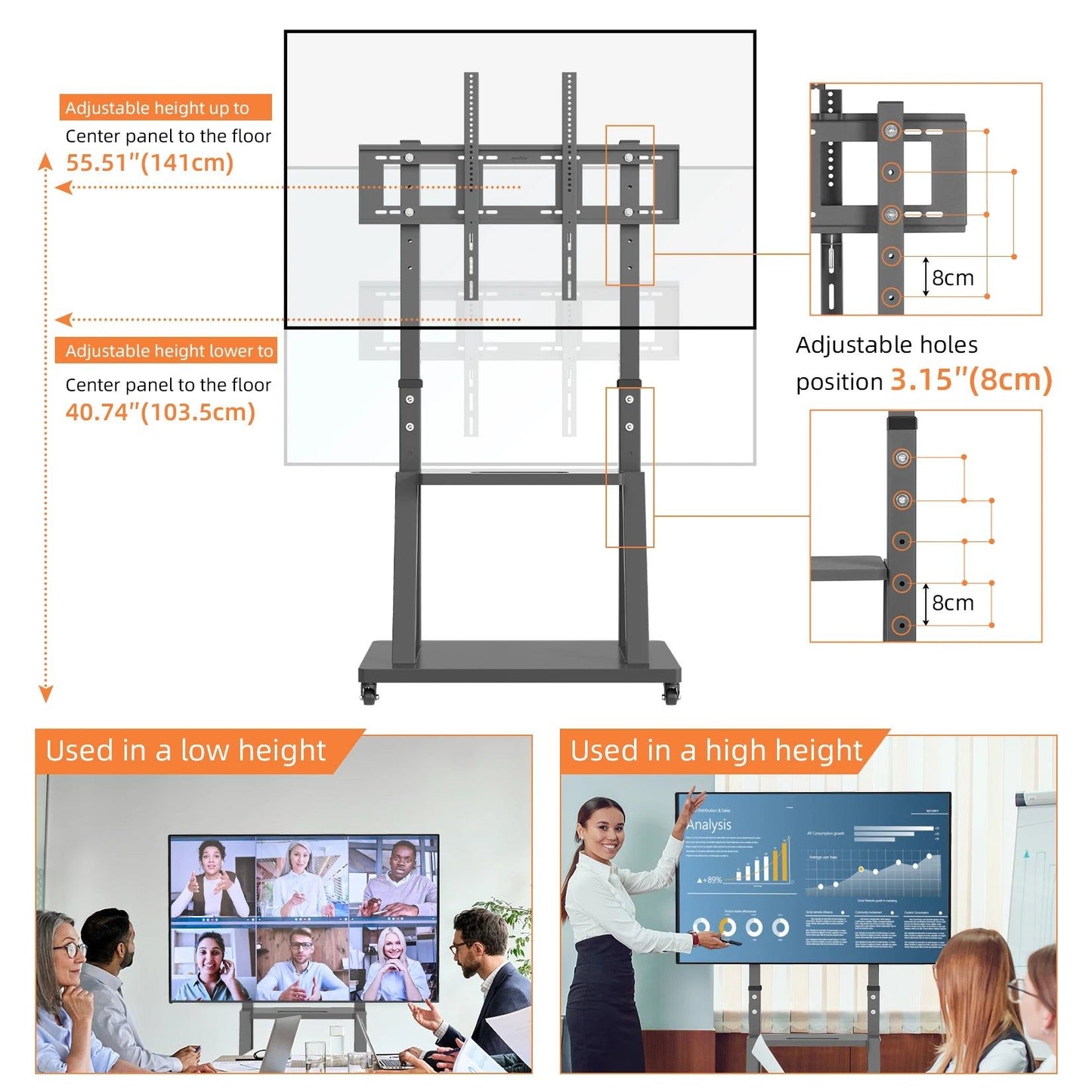 Adjustable Heavy Duty Mobile TV Cart Stand