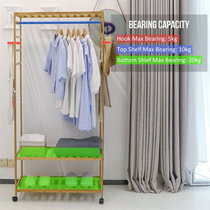 3-Tier Wooden Clothes Rack Rolling Garment Stand w/ Hooks