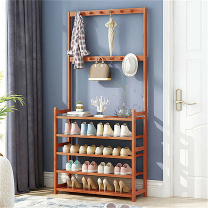 Bamboo 5-Tier Hat Coat Shoe Rack Entryway Bench Hanger Storage