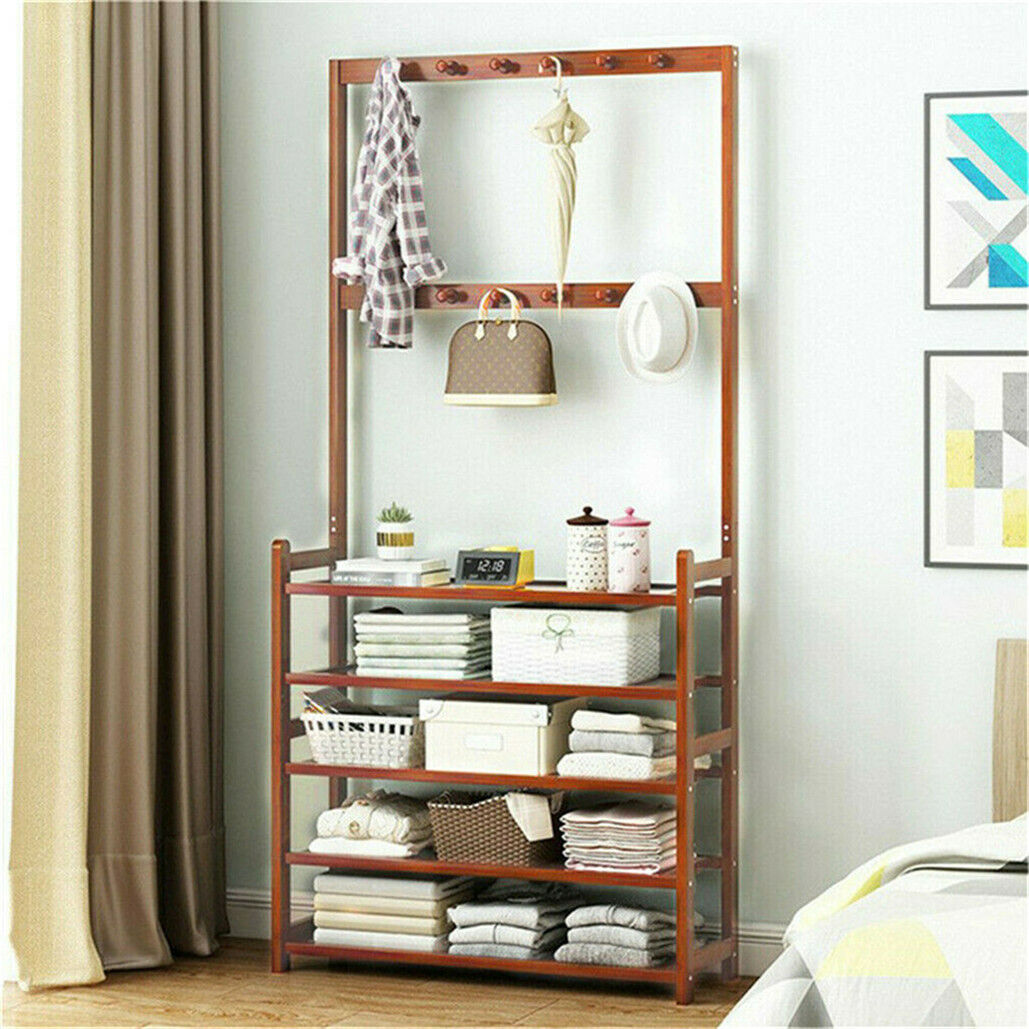 Bamboo 5-Tier Hat Coat Shoe Rack Entryway Bench Hanger Storage