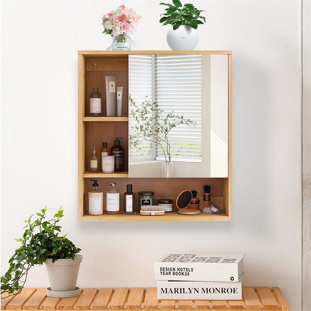 Bamboo Wall Medicine Cabinet Mirror 55.5cm 5 Shelf