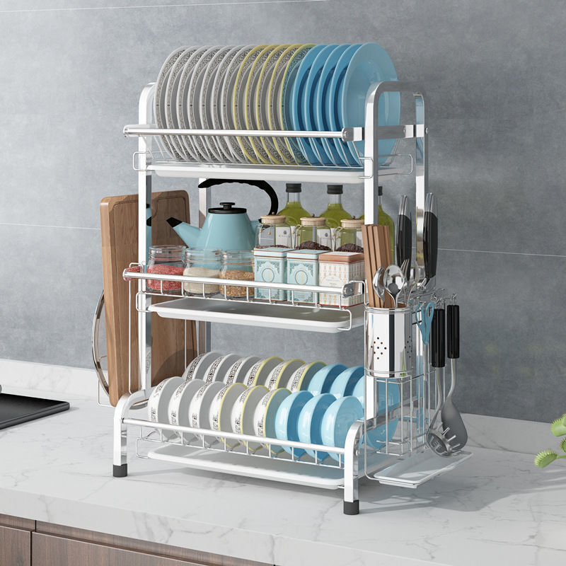 3 Tier Dish Drying Rack Silver 43cm High 60cm