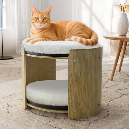 Elevated Double Cat Bed 2-Tier Wooden Plush Kitten Lounge
