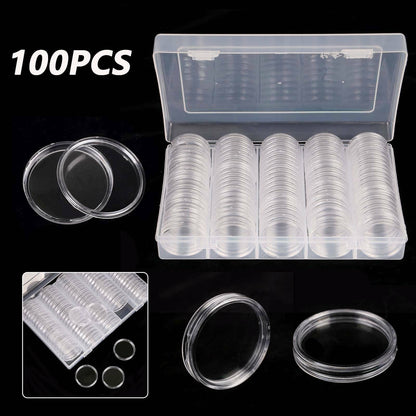 100PCS Clear Plastic Coin Holder Storage Box 20-30mm