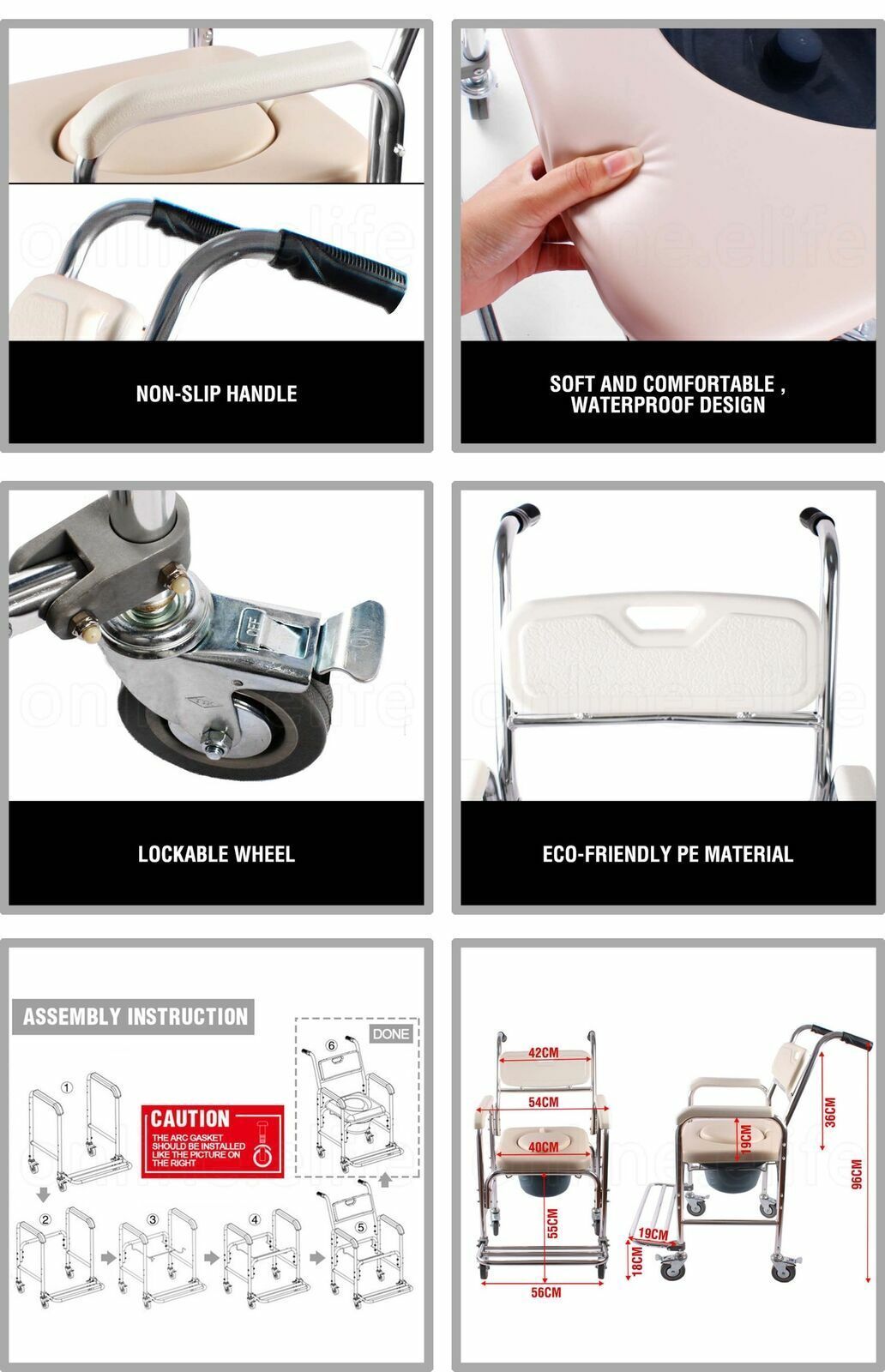 Aluminum Bedside Commode Chair 200kg Mobile Shower Toilet Wheelchair