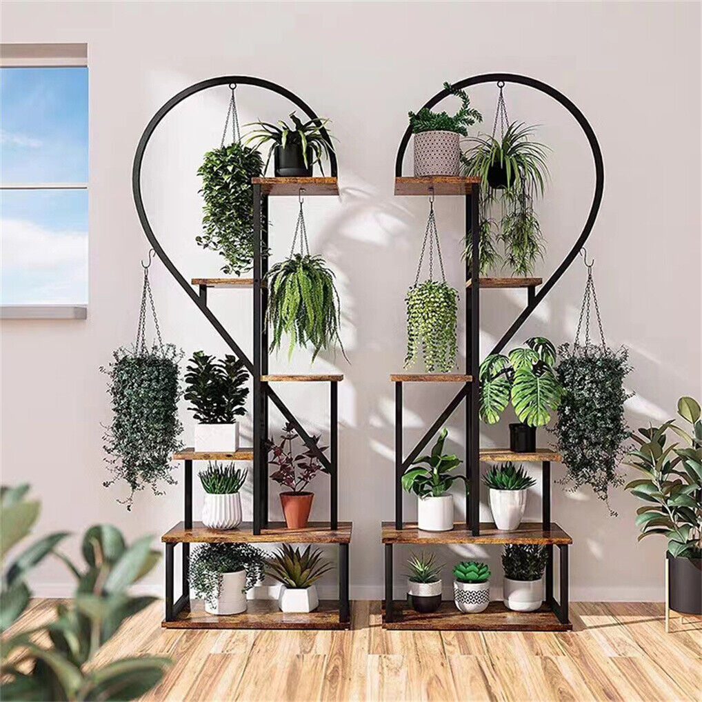 6 Tier Corner Plant Stand Metal & MDF Ladder Shelf Rack