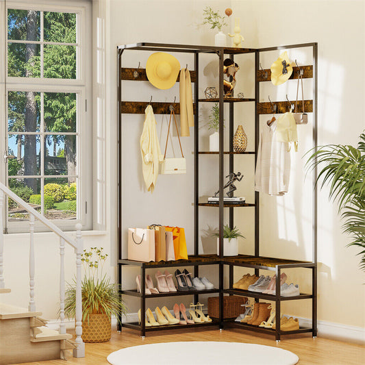 Corner Coat Stand with Shoe Bench Metal & MDF Organizer