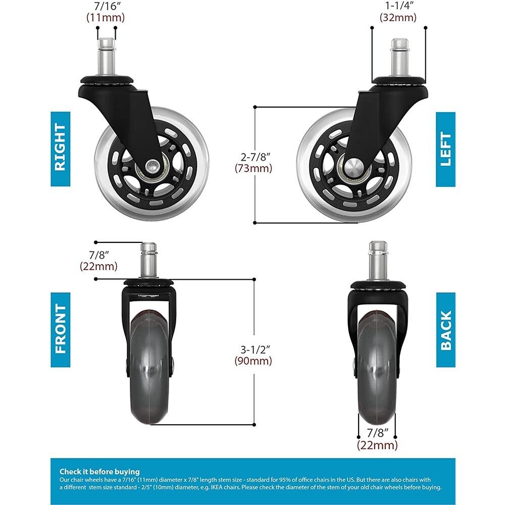 3 Swivel Rollerblade Chair Wheels, 7/16 Stem, All Floors - 5 Pack