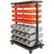 Black Dual Sided Bin Rack with 64 Orange Bins and 30 Grey Bins for Home, Garage, or Workshop Storage
