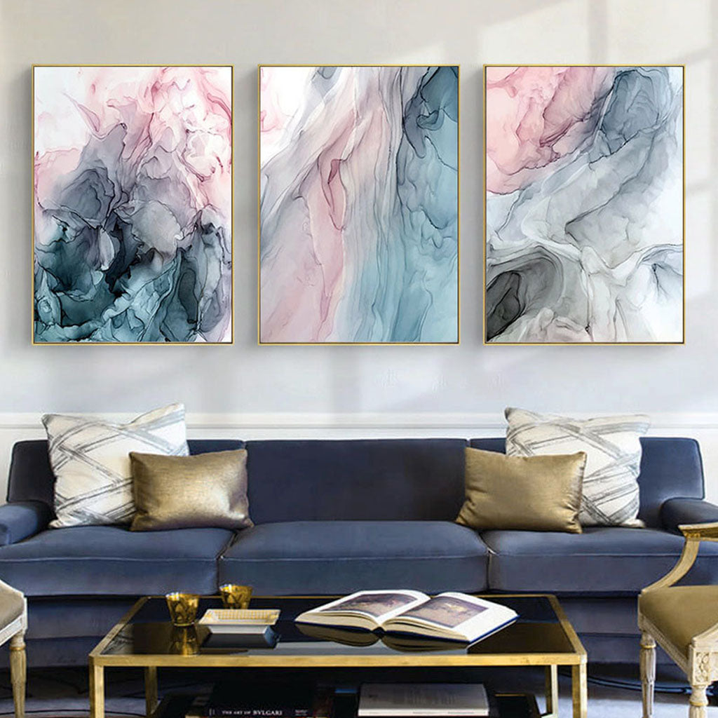 Wall Art 60cmx90cm Colorful Ink Abstract 3 Sets Gold Frame Canvas