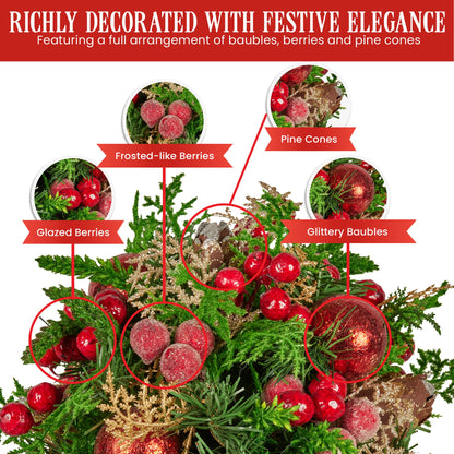 Christabelle 33cm Christmas Bouquet Pre-Decorated Holiday Floral Arrangement with Berries, Baubles & Pine Cones Festive Tabletop Centrepiece Decoration