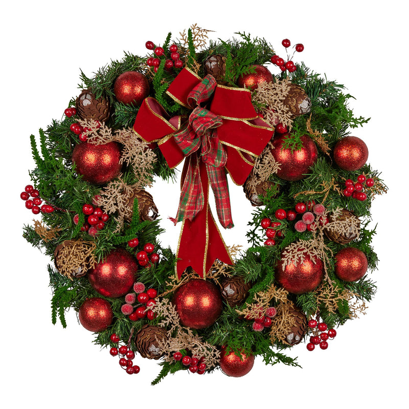 Christabelle 56cm Christmas Wreath Green Red Berries Baubles Pine