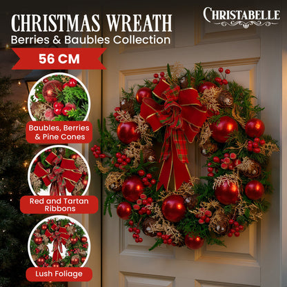 Christabelle 56cm Christmas Wreath Lush Green Holiday Door Wreath with Red Berries, Baubles & Pine Cones Pre-Decorated Festive Wall or Front Door Decoration