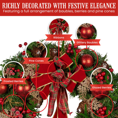 Christabelle 56cm Christmas Wreath Lush Green Holiday Door Wreath with Red Berries, Baubles & Pine Cones Pre-Decorated Festive Wall or Front Door Decoration