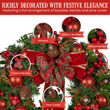Christabelle Stunning 71cm Christmas Wreath Lush Red Baubles Berries Pine Cones and Bow Front Door Decoration