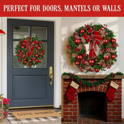 Christabelle Stunning 71cm Christmas Wreath Lush Red Baubles Berries Pine Cones and Bow Front Door Decoration