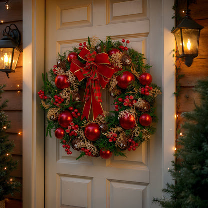 Christabelle Stunning 71cm Christmas Wreath Lush Red Baubles Berries Pine Cones and Bow Front Door Decoration
