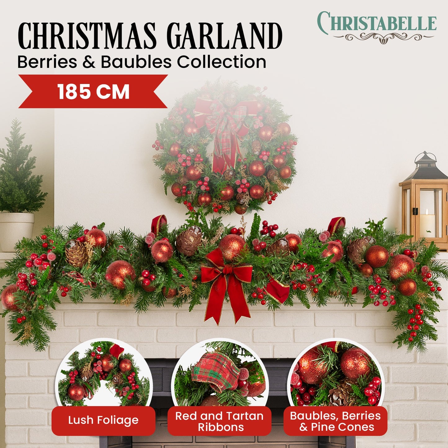 Christabelle 1.85m Christmas Garland with Red Berries Pine Cones Baubles Bows Tree Decoration Ornament
