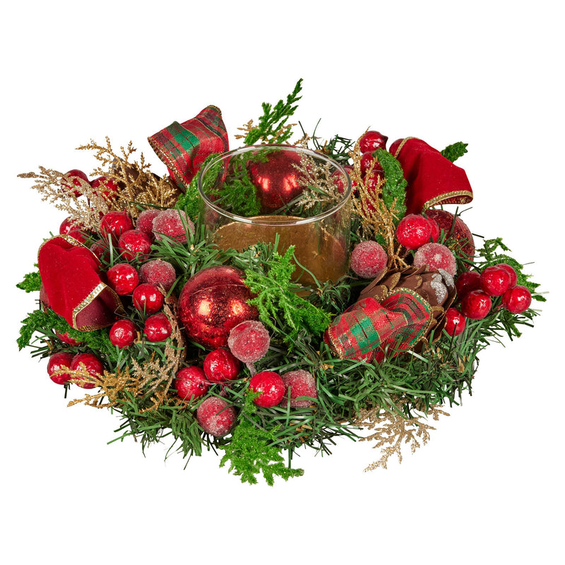 Christabelle 26cm Christmas Centrepiece Green Red Berries Candle