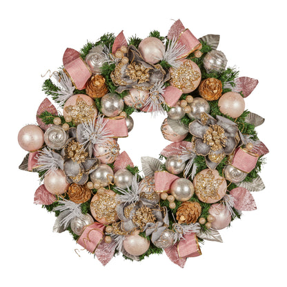 Christabelle 71cm Christmas Wreath Lush Pink Front Door Decoration Jewelled Baubles Flowers Pine Cones Ribbons Ornaments