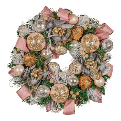 Christabelle 56cm Christmas Wreath Lush Pink Front Door Decoration Jewelled Baubles Flowers Pine Cones Ribbons Ornaments