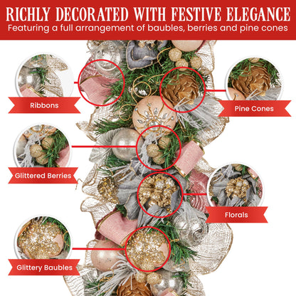 Christabelle Premium 100cm Christmas Garland Jewelled Baubles & Berries Tree Decoration Ornament Pink Silver Gold