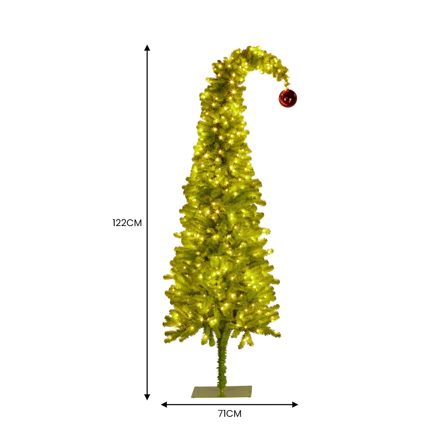 Christabelle 4ft Christmas Gremlin Tree Curved Top Red Bauble Built In Green & White LED Lights Foot Pedal Control