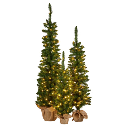 Christabelle Set of 3 Pre-Lit Christmas Trees Green Pine w/LED Lights, Hessian Base & Individual Plugs Varying Heights