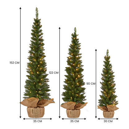 Christabelle Set of 3 Pre-Lit Christmas Trees Green Pine w/LED Lights, Hessian Base & Individual Plugs Varying Heights