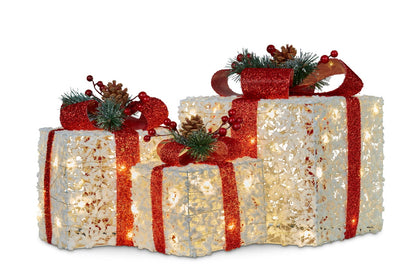Christabelle 3 Piece Christmas Present Display Set With Lights & Red Bows
