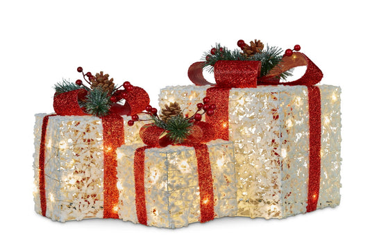 Christabelle 3 Piece Christmas Present Display Set With Lights & Red Bows