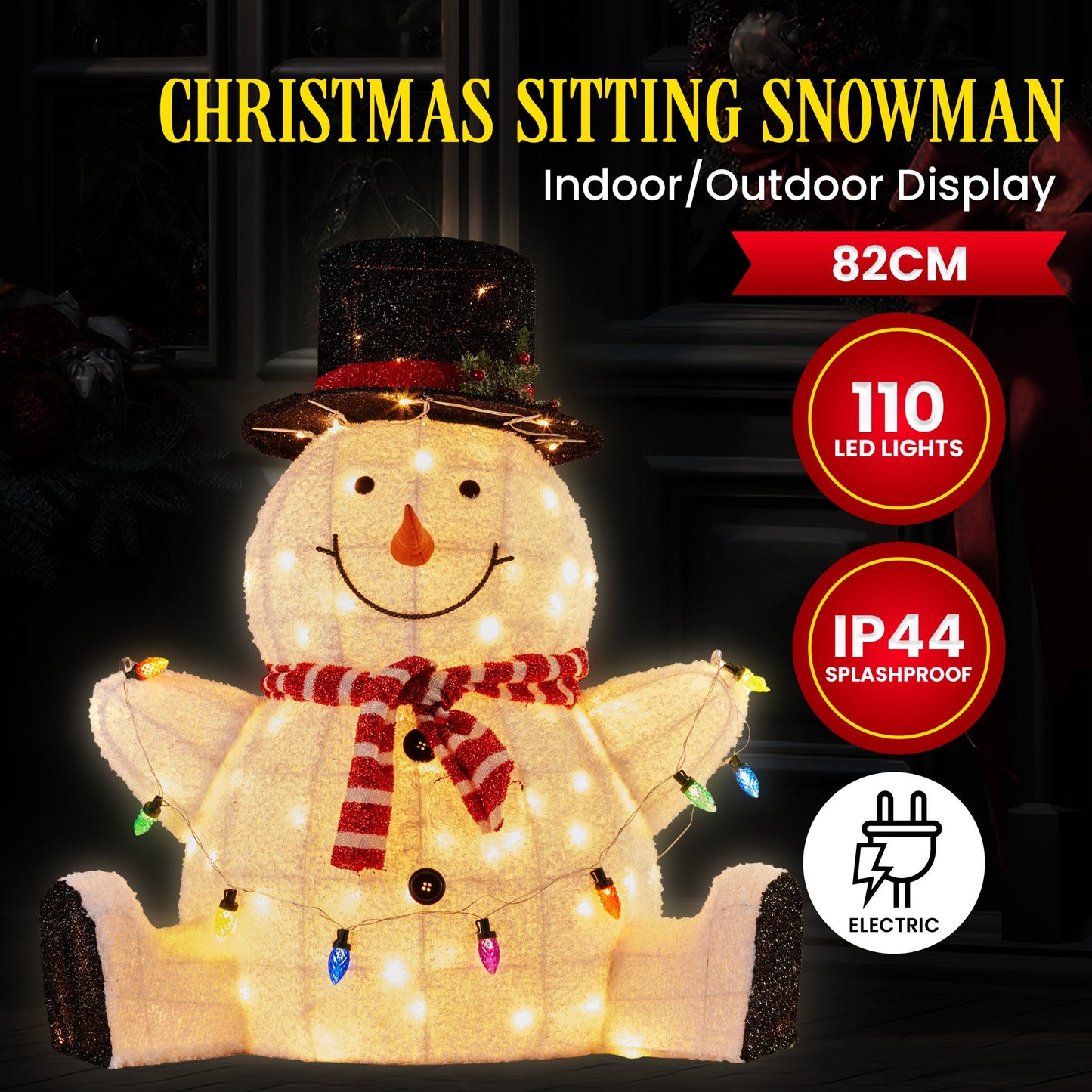 Christabelle 82cm Sitting Snowman Christmas Display with Lights