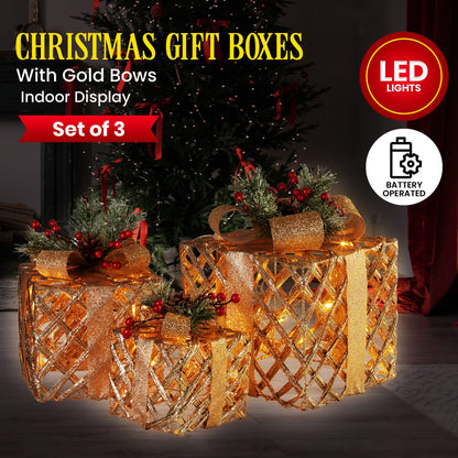 Christabelle Set of 3 Christmas Gift Boxes Display With Lights in Champagne and Gold