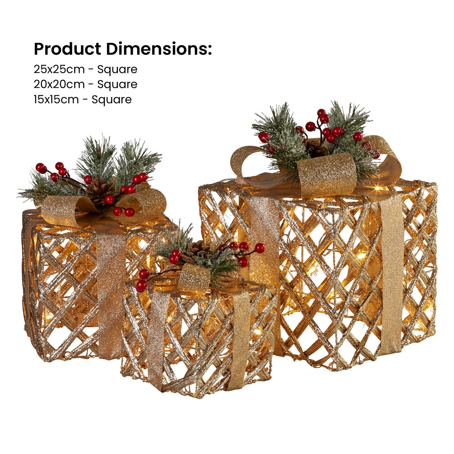 Christabelle Set of 3 Christmas Gift Boxes Display With Lights in Champagne and Gold