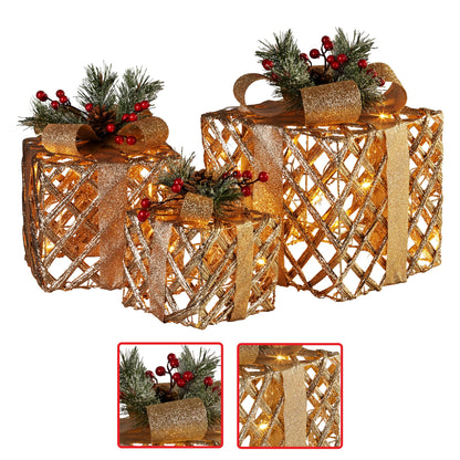 Christabelle Set of 3 Christmas Gift Boxes Display With Lights in Champagne and Gold