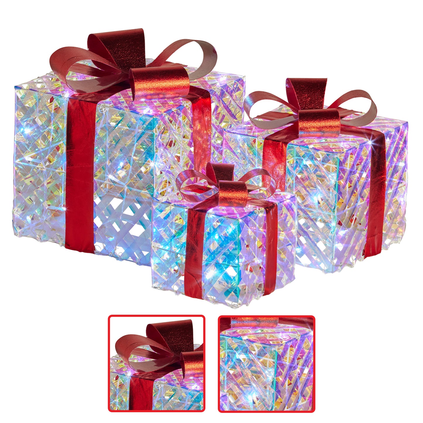 Christabelle Set of 3 Christmas Gift Boxes With Lights - Clear Shimmer With Red Bows