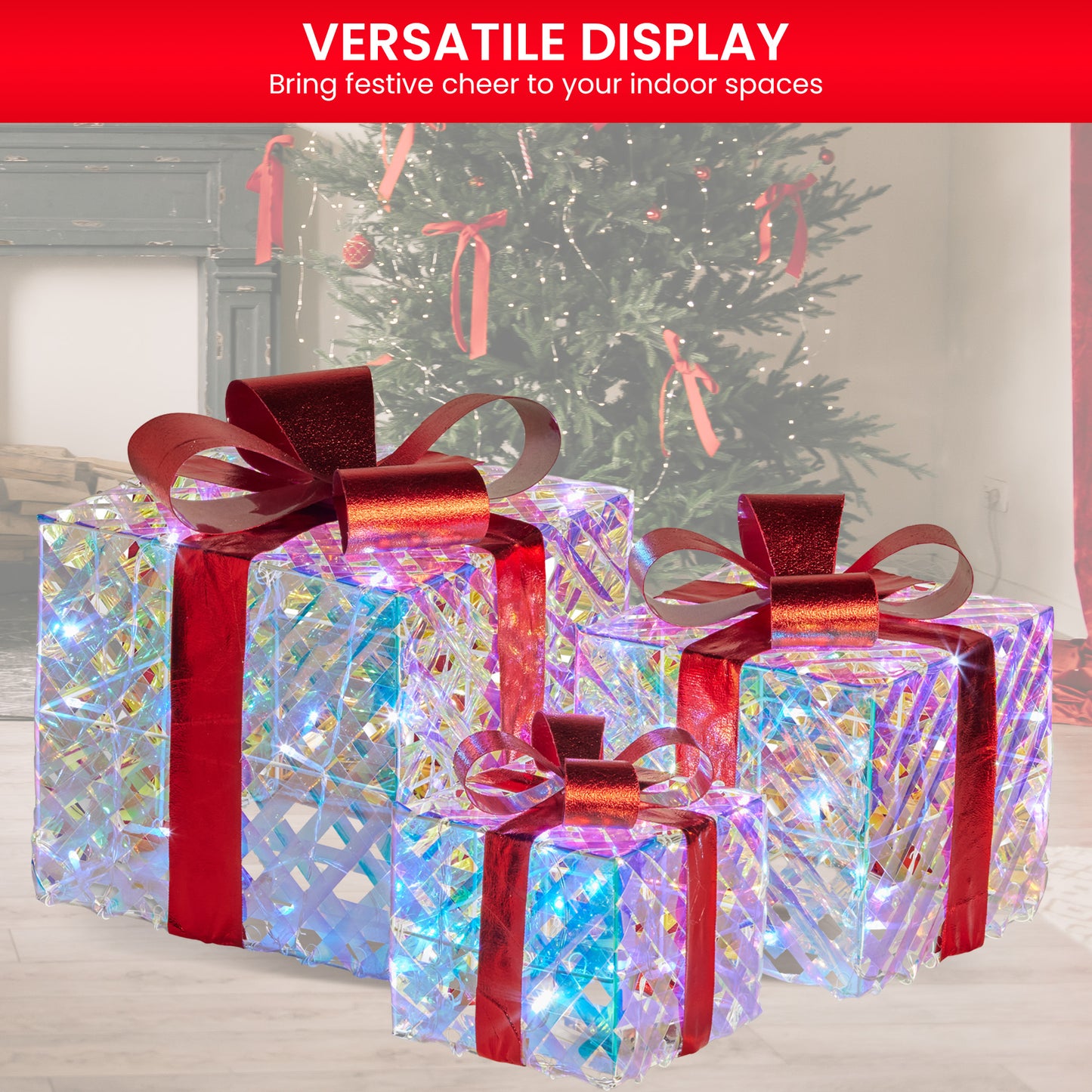 Christabelle Set of 3 Christmas Gift Boxes With Lights - Clear Shimmer With Red Bows
