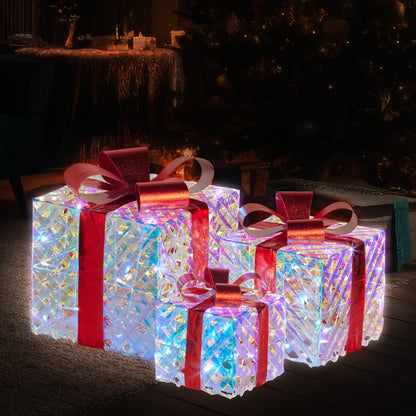 Christabelle Set of 3 Christmas Gift Boxes With Lights - Clear Shimmer With Red Bows
