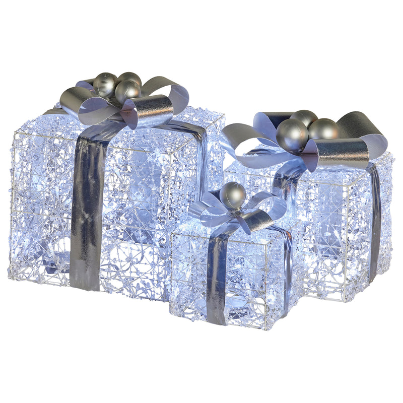 Christabelle 3pc Christmas Gift Boxes Lights Jewelled Wire Silver Bows