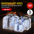 Christabelle 3pc Christmas Gift Boxes Lights Jewelled Wire Silver Bows