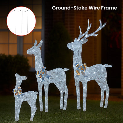 Christabelle Christmas Reindeer Display Set 3 Indoor & Outdoor Decorations Acrylic Beads Cool White LED Lights Silver