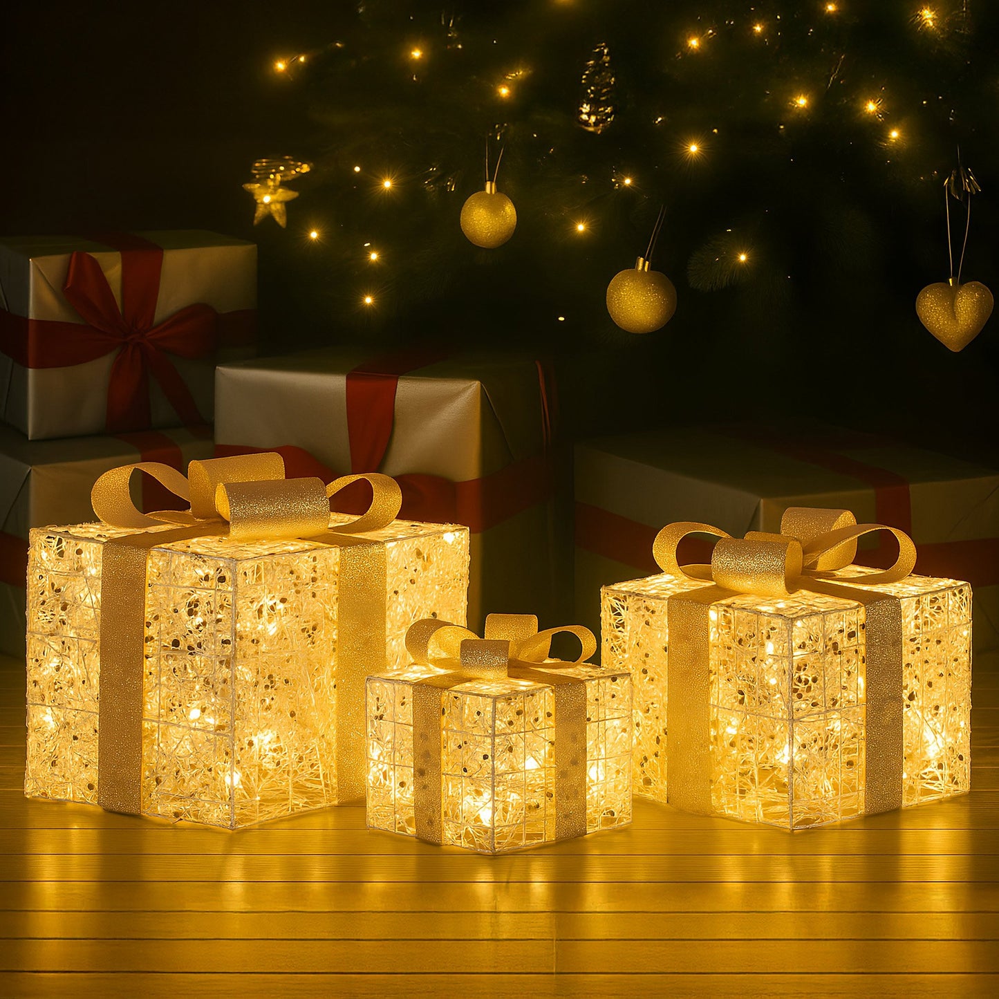 Christabelle Set of 3 Battery Operated Golden Christmas Gift Boxes w/Warm White LED Lights Indoor Decorative Holiday