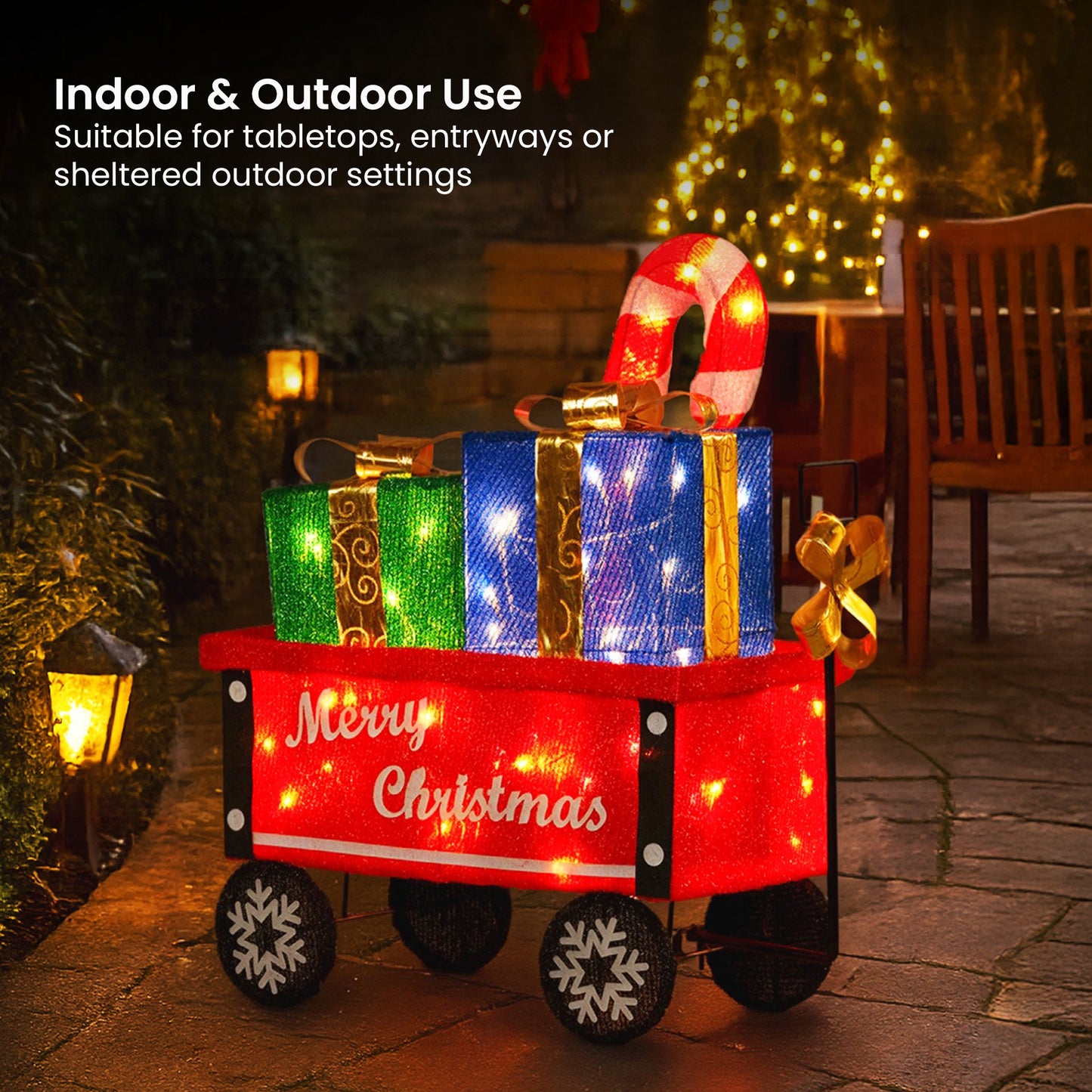 Christabelle Christmas Cart Display w/Candy Cane & Presents Warm White LED Lights Wire Frame Structure Indoor & Outdoor