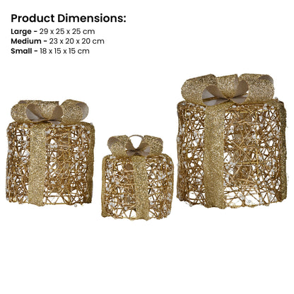 Christabelle Set of 3 Christmas Gift Box Display Gold with LED Lights and Bows Decoration Ornament Present