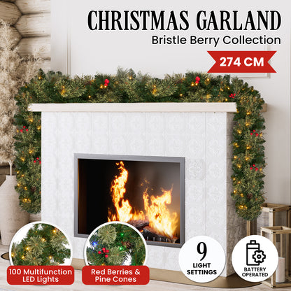 Christabelle 2.74m Christmas Garland with LED Lights Berries Pine Cones Multicolour Tree Decoration Ornament