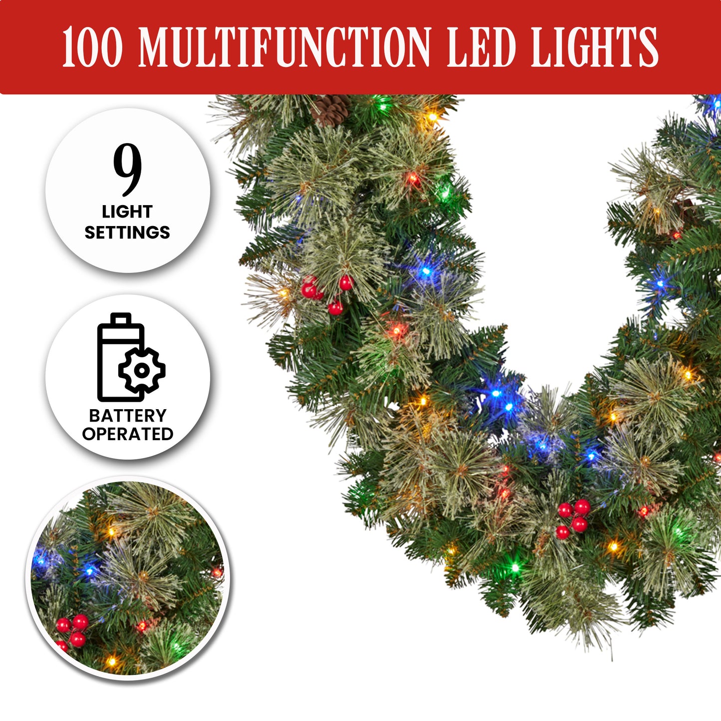 Christabelle 2.74m Christmas Garland with LED Lights Berries Pine Cones Multicolour Tree Decoration Ornament